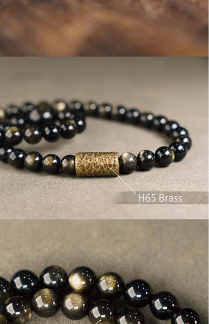 Bracelet Double Rang Obsidienne Dorée et Perles de Cuivre – Fait Main, Unisexe
