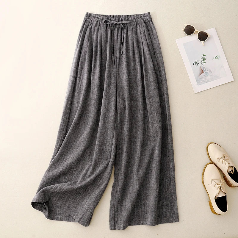 "Kumo" Pantalon large femme en coton et lin | Taille haute droite, élégant et léger