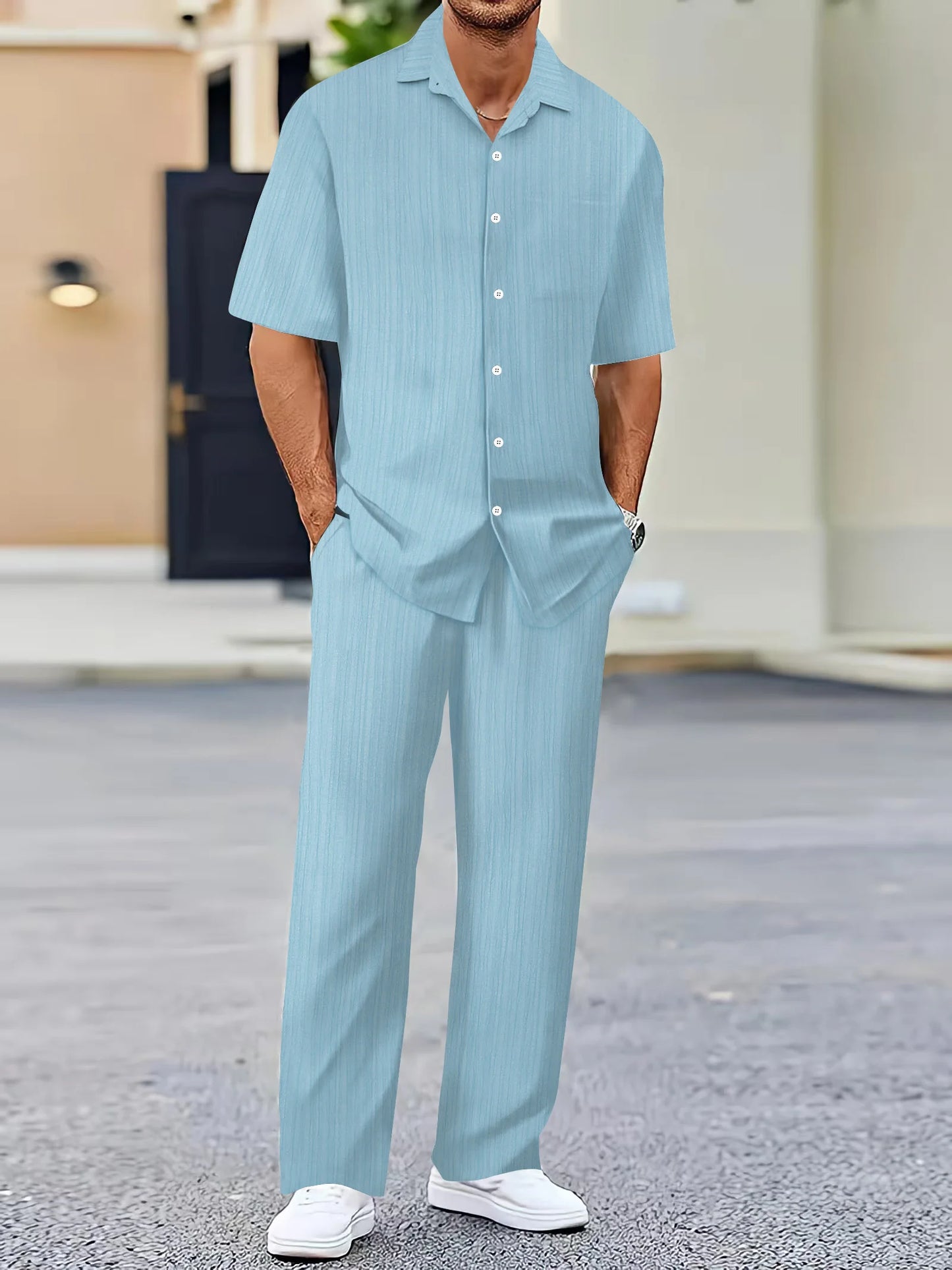 Ensemble Lin Décontracté Homme – Chemise Boutonnée et Pantalon Droit