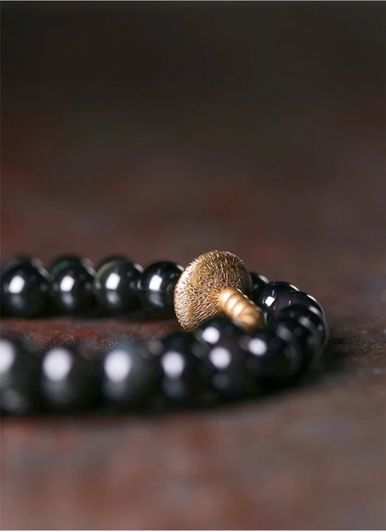 Bracelet Double Rang Obsidienne et Laiton Martelé – Unisexe, du 15 au 22 cm
