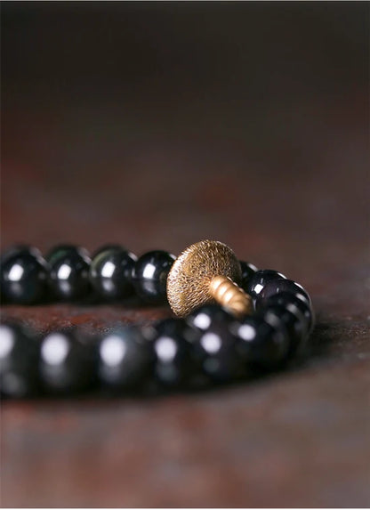 Bracelet Double Rang Obsidienne et Laiton Martelé – Unisexe, du 15 au 22 cm
