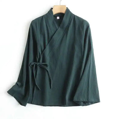 "Yuki" Chemise femme en lin style Hanfu | Blouse croisée à manches longues, inspiration vintage