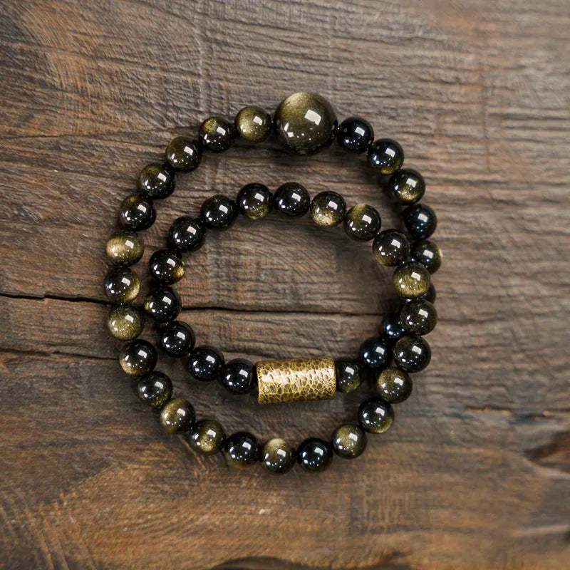Bracelet Double Rang Obsidienne Dorée et Perles de Cuivre – Fait Main, Unisexe