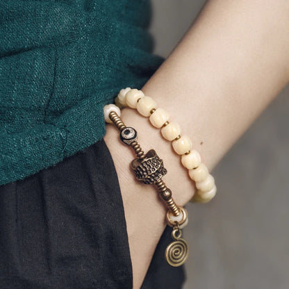 Bracelet Double Rang Os de Yak Tibétain et Cuivre Martelé – Paix et Énergie Positive