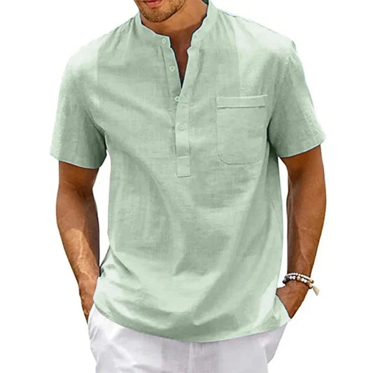 "Haruto" Chemise homme en coton et lin | Col tunisien, manches courtes, style estival