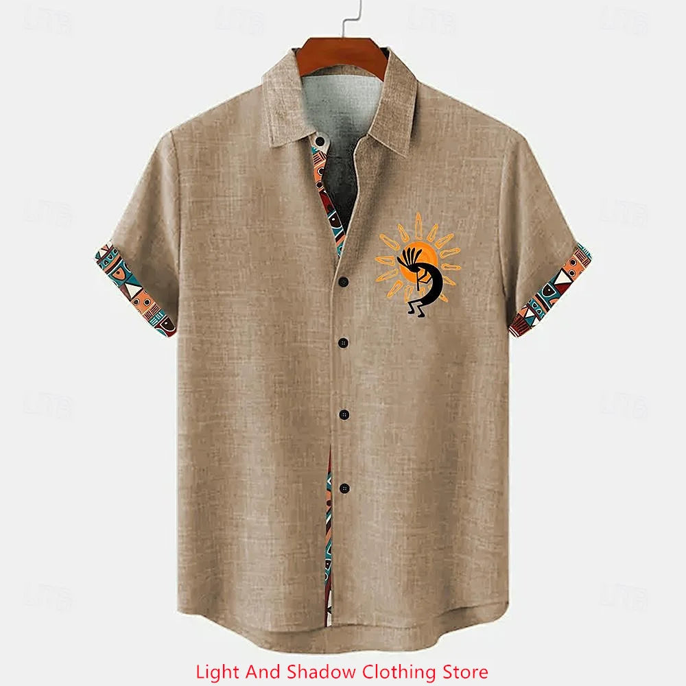 Chemise Lin Homme Beige Ethnique – Manches Courtes Été