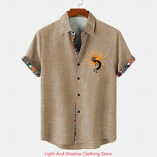 Chemise Lin Homme Beige Ethnique – Manches Courtes Été