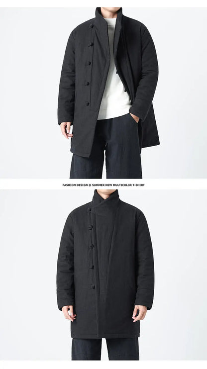 Manteau Long Chinois Asymétrique - Hanfu Hivernal & Tangzhuang Moderne