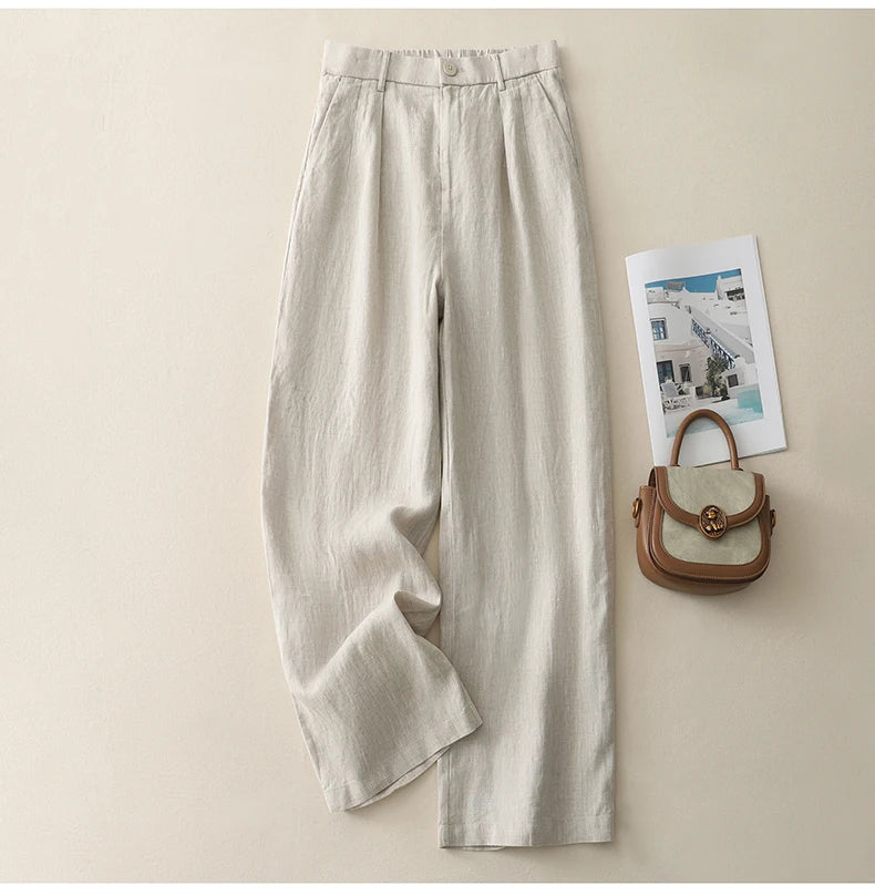 "Shizuka" Pantalon femme en lin et coton | Taille haute droite, style simple et élégant