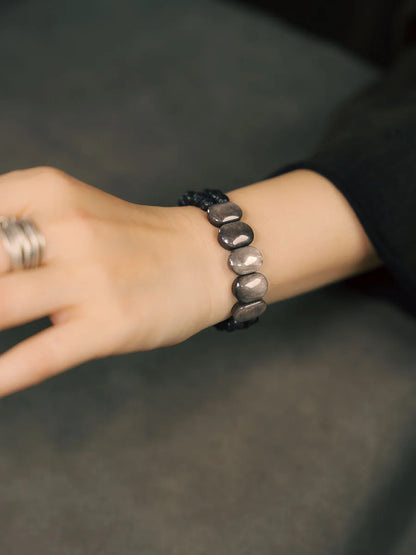 Bracelet Deux Rangs Obsidienne Plate, Pierre de Lave et Ébène – Style Punk Unisexe