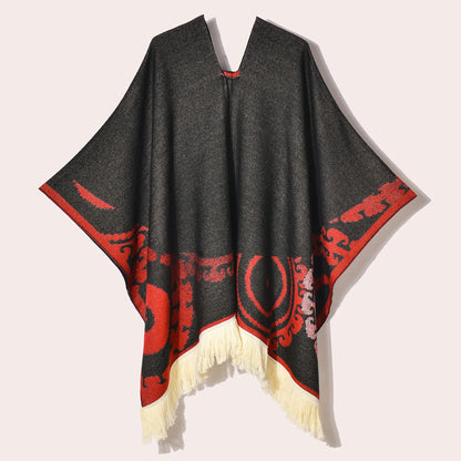 Poncho Ethnique à Franges - Style Bohème & Jacquard