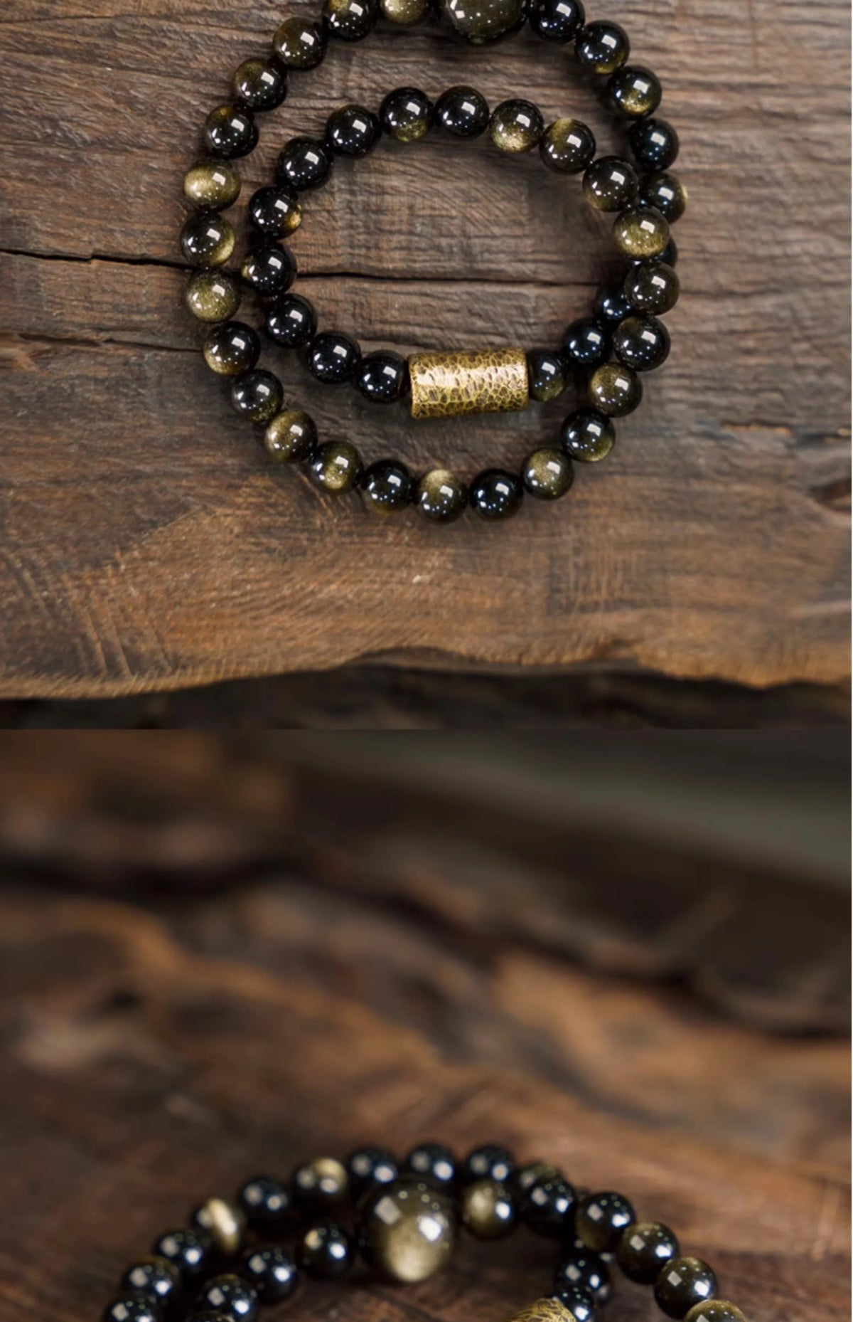 Bracelet Double Rang Obsidienne Dorée et Perles de Cuivre – Fait Main, Unisexe