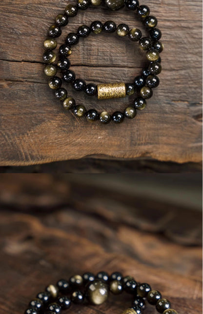 Bracelet Double Rang Obsidienne Dorée et Perles de Cuivre – Fait Main, Unisexe