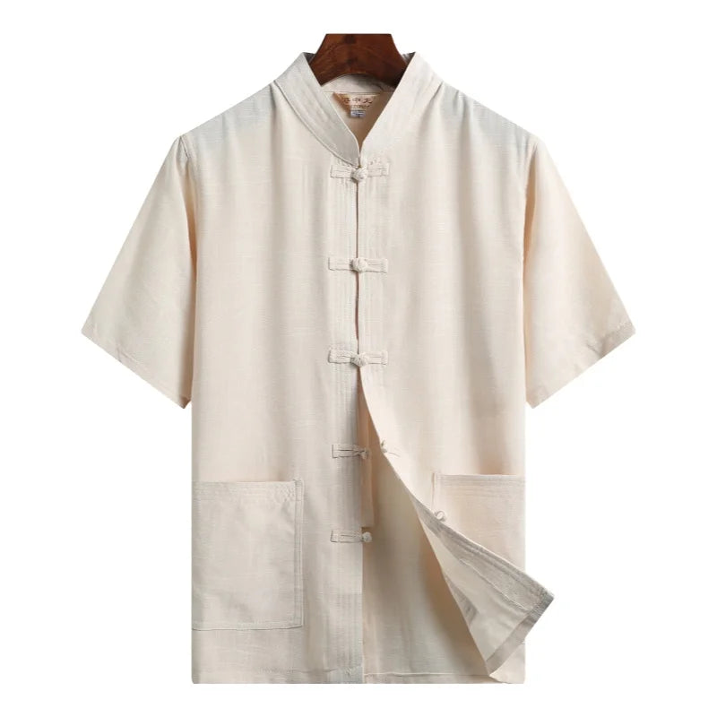 Chemise traditionnelle style Tang pour homme en lin naturel couleur crème avec boutons artisanaux