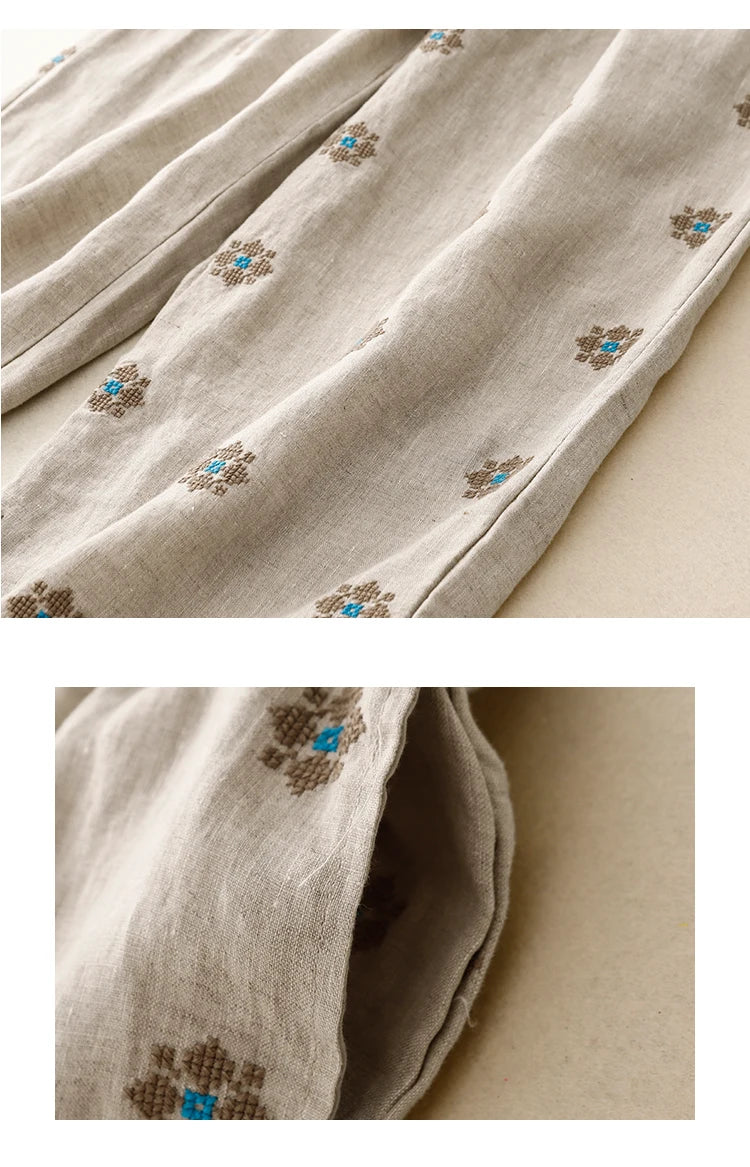 "Hanami" Pantalon femme en coton et lin imprimé | Taille haute, cordon ajustable, style décontracté été