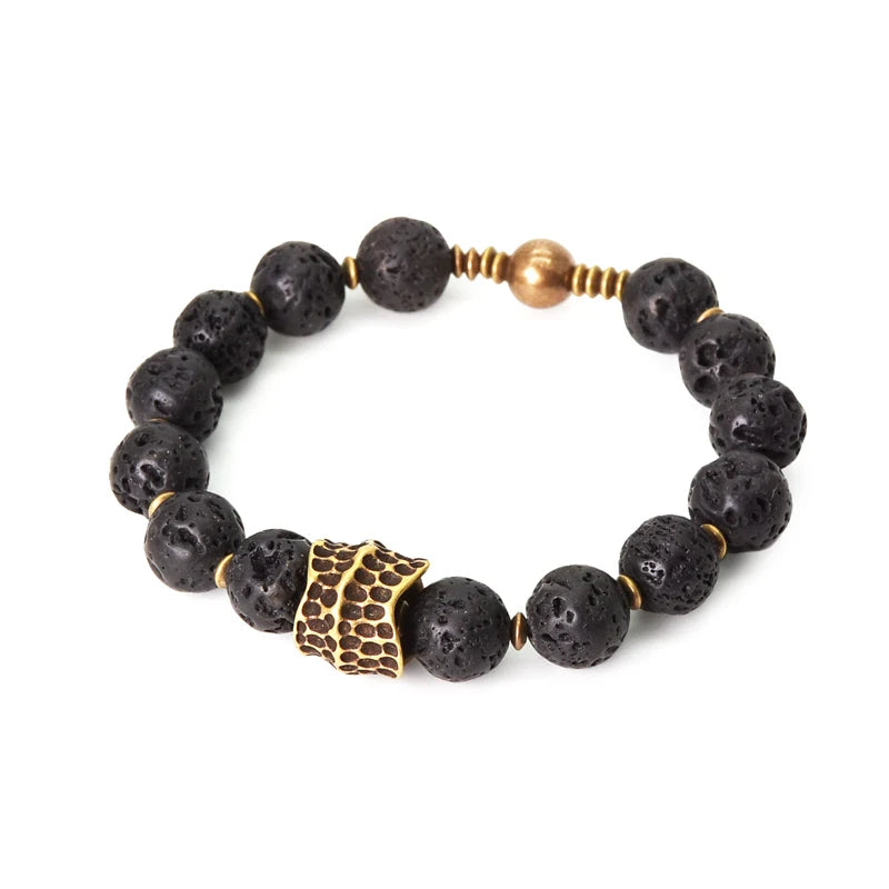 Bracelet Homme Pierre de Lave Volcanique et Laiton Vintage – Diffuseur d'Huiles, Jusqu'au 22 cm