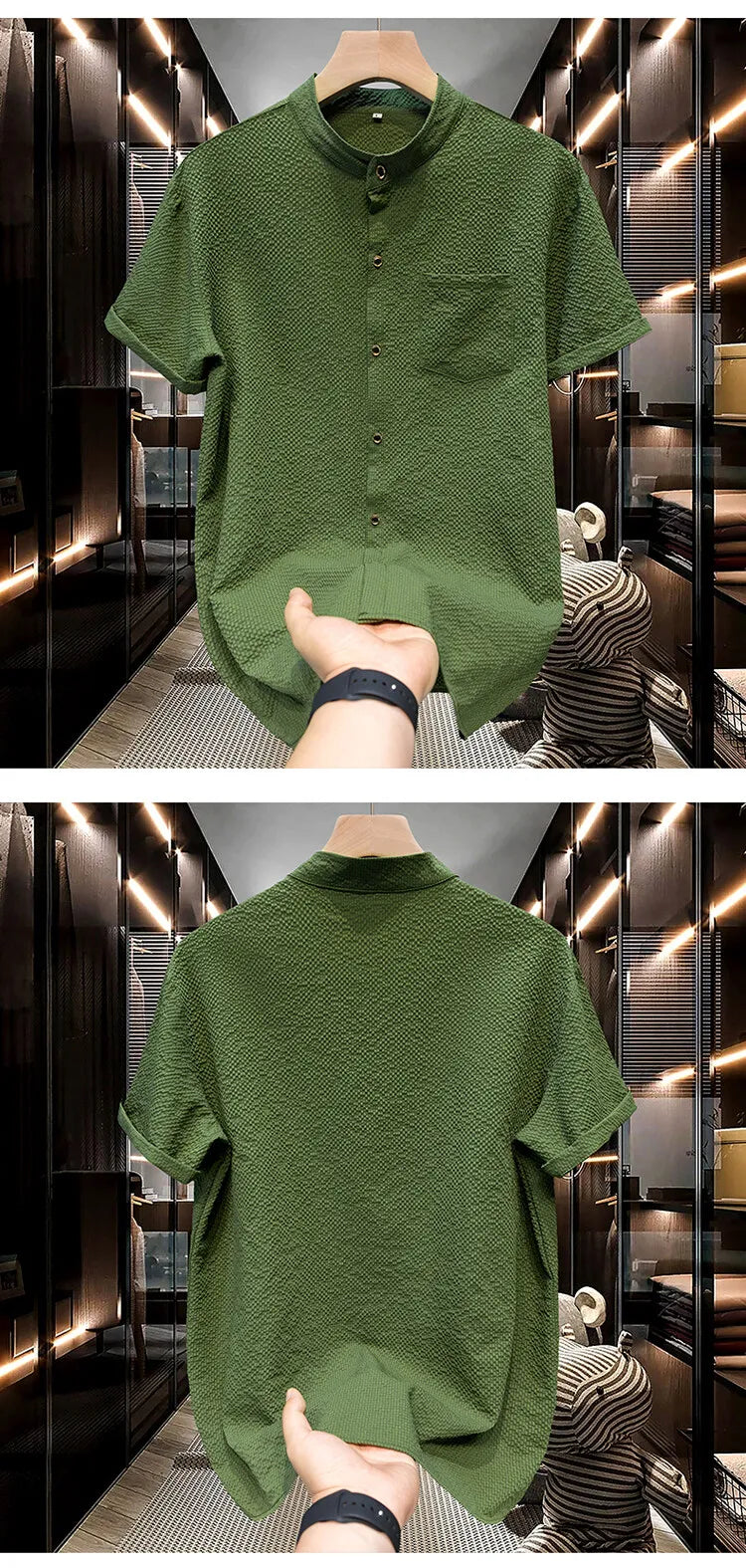 Dos de la chemise marron col Mao, coupe droite et manches courtes style minimaliste.