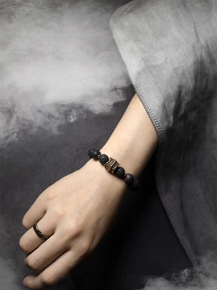 Bracelet Homme Pierre de Lave Volcanique et Laiton Vintage – Diffuseur d'Huiles, Jusqu'au 22 cm
