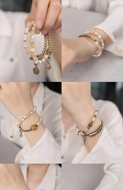 Bracelet Triple Tour Coquillage Naturel 6 mm et Laiton Vintage – Bohème pour Femme