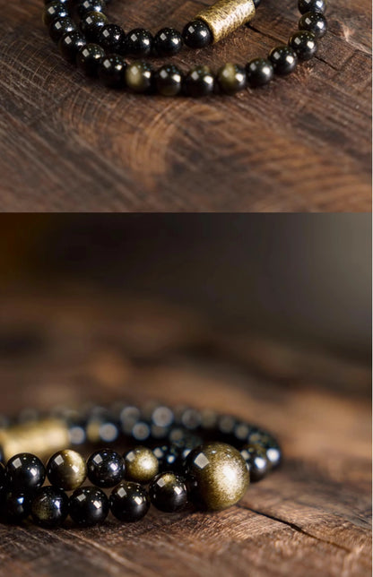 Bracelet Double Rang Obsidienne Dorée et Perles de Cuivre – Fait Main, Unisexe