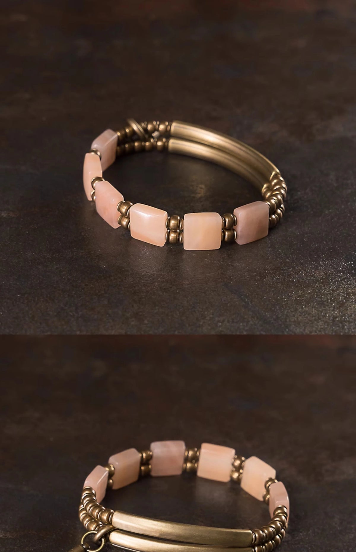 Bracelet Double Rang Quartz Rose Carré et Laiton Vintage – Cadeau pour Femme