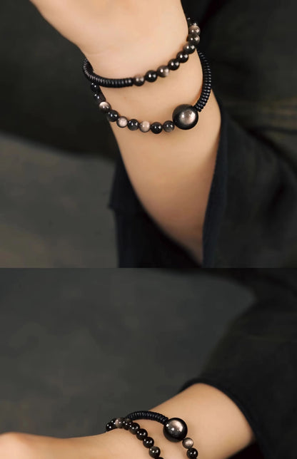 Bracelet Deux Rangs Pierres d'Obsidienne et Perles d'Ébène – Simple, Duo de Couple