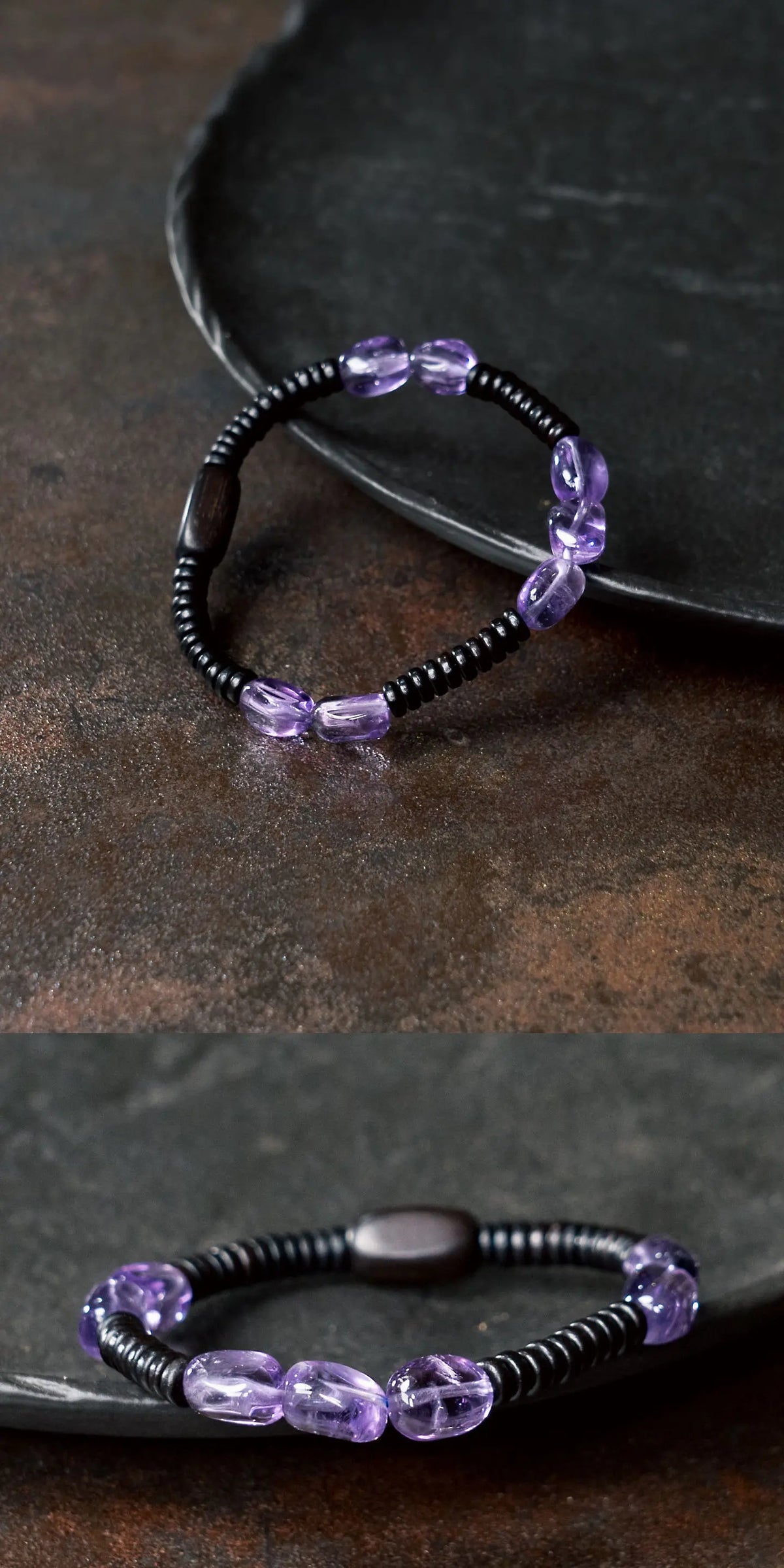 Bracelet Éclats d'Améthyste et Bois de Santal Noir – Minimaliste Fait Main