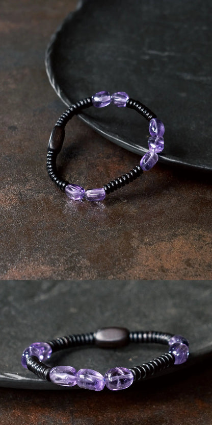 Bracelet Éclats d'Améthyste et Bois de Santal Noir – Minimaliste Fait Main