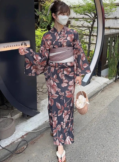 Yukata Deux Pièces Noir et Rose Poudré | Kimono Japonais d'Été Élégant et Fleuri