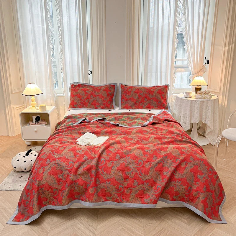 Couvre-Lit Rouge Jacquard – Élégance Double Épaisseur en Coton