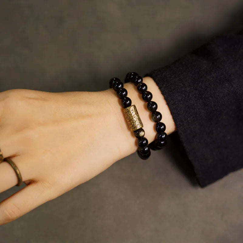Bracelet Double Rang Obsidienne Dorée et Perles de Cuivre – Fait Main, Unisexe