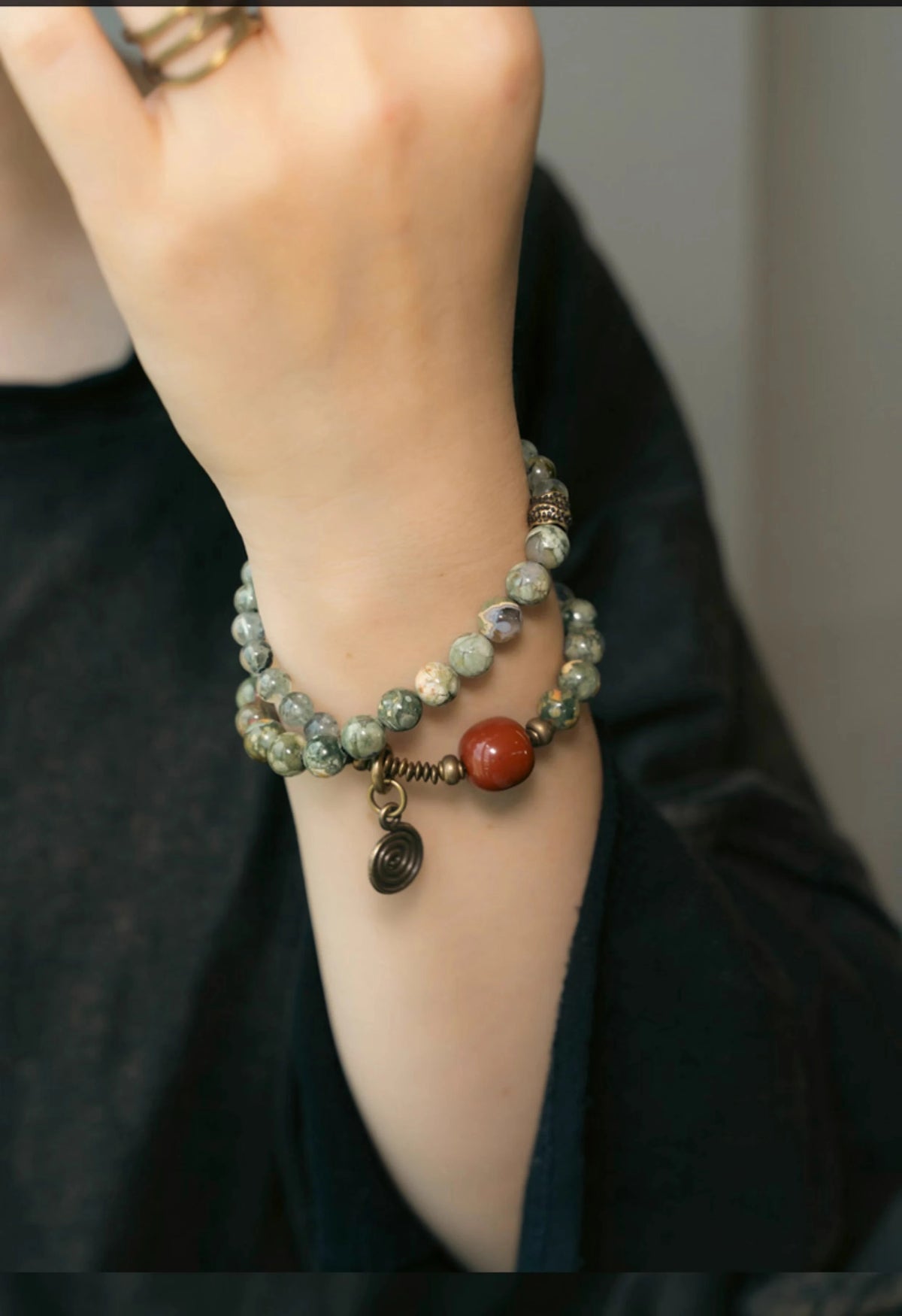 Bracelet Multirang Jade Vert ou Jaspe Rouge et Laiton – Fait Main, Homme et Femme