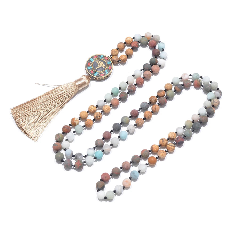 Mala "Harmonie des Éléments" en perle de Jaspe Jaune, Turquoise Rouge et Amazonite