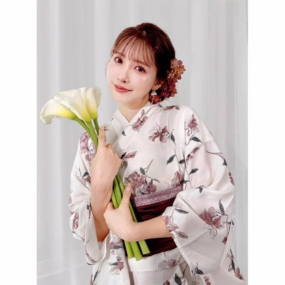 Yukata Deux Pièces Blanc et Rose Floral | Kimono Japonais d'Été Doux et Raffiné