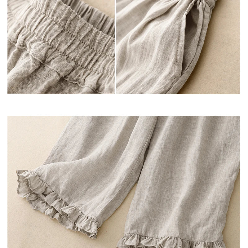 "Midori" Pantalon femme en coton et lin | Taille haute large, ourlet volant chic et léger