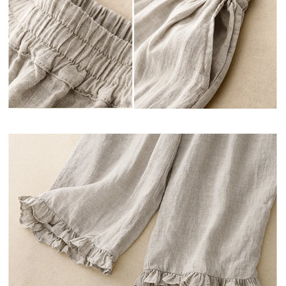 "Midori" Pantalon femme en coton et lin | Taille haute large, ourlet volant chic et léger
