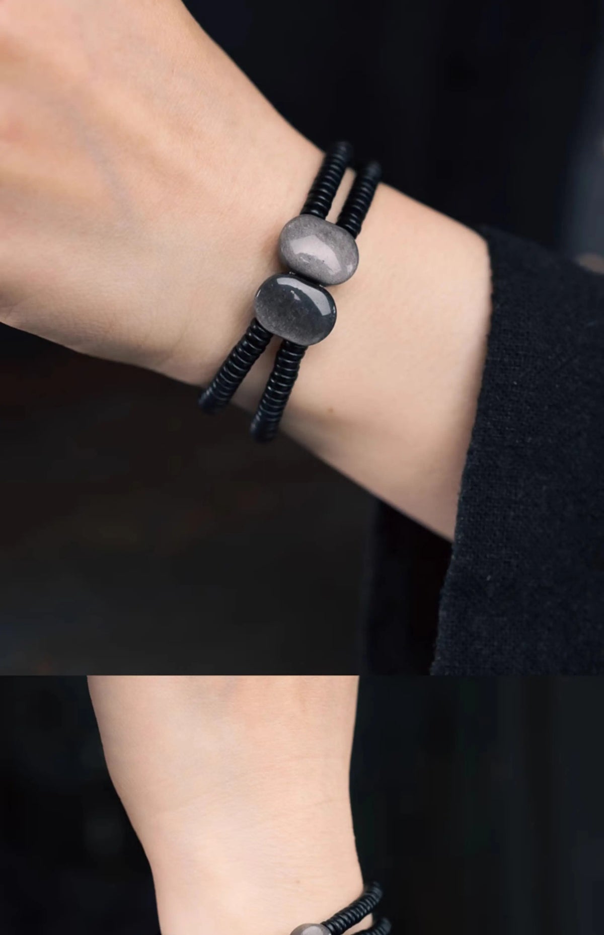 Bracelet Double Rang Obsidienne Noire et Bois d'Ébène – Tout Noir, Homme et Femme