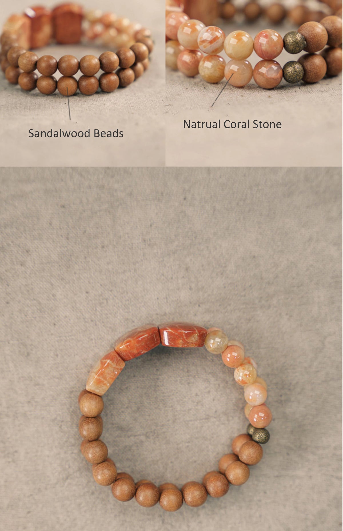 Bracelet Bois de Santal et Pierre Corail avec Perles de Laiton – Bijou Oriental