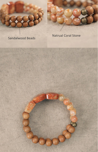 Bracelet Bois de Santal et Pierre Corail avec Perles de Laiton – Bijou Oriental