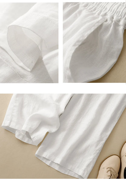 "Hikari" Pantalon large femme en coton et lin | Taille haute fluide, simple et élégant