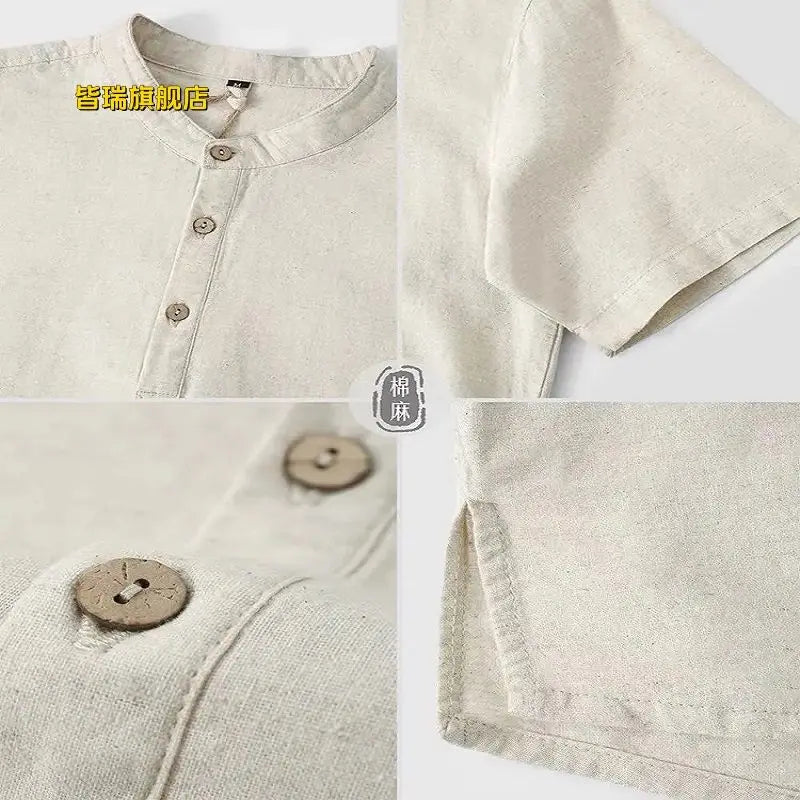 Vue détaillée de l'encolure et des boutons en bois d'une chemise fluide en coton et lin.