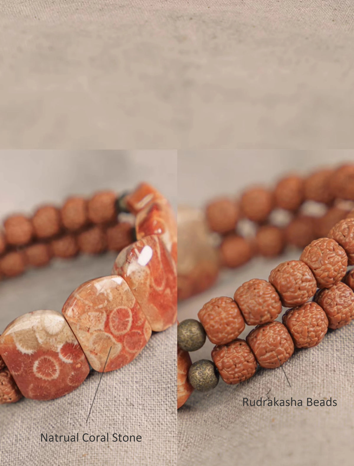 Bracelet Double Rang Rudraksha, Pierre Corail et Laiton – Bijou Oriental de Couple