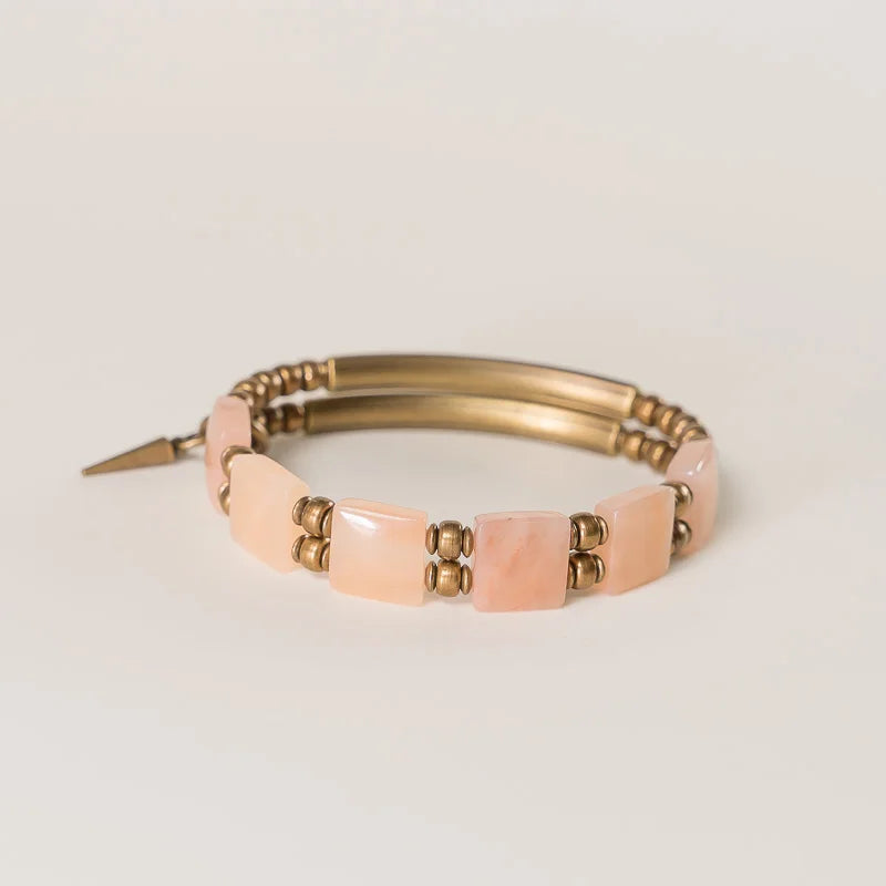 Bracelet Double Rang Quartz Rose Carré et Laiton Vintage – Cadeau pour Femme