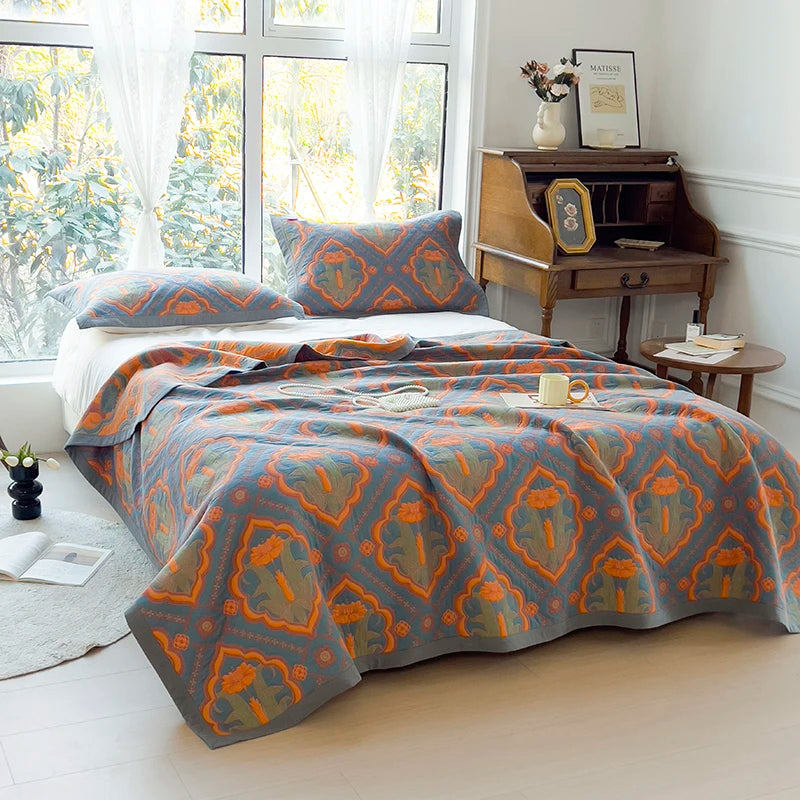 Couvre-Lit Jacquard en Coton Bleu et Orange – Motifs Vintage pour une Chambre Élégante