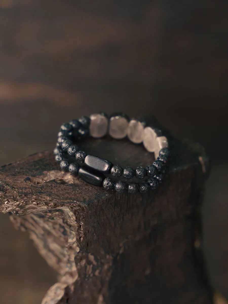 Bracelet Deux Rangs Obsidienne Plate, Pierre de Lave et Ébène – Style Punk Unisexe