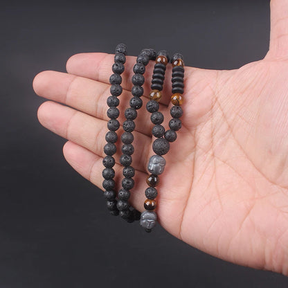 Mala Œil de Tigre & Pierre de Lave 6 mm – Pendentif Bouddha