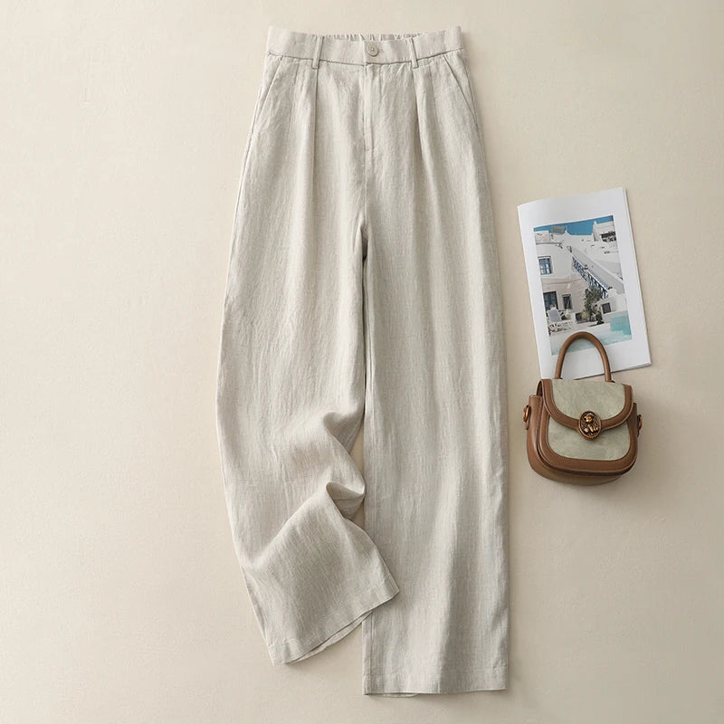 "Shizuka" Pantalon femme en lin et coton | Taille haute droite, style simple et élégant