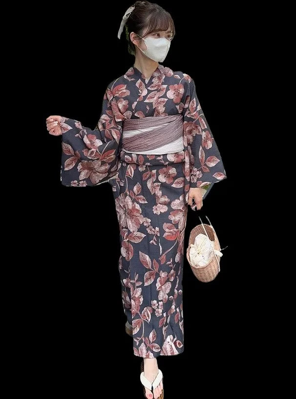 Yukata Deux Pièces Noir et Rose Poudré | Kimono Japonais d'Été Élégant et Fleuri