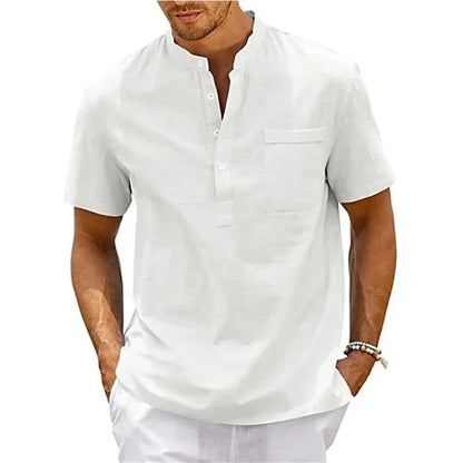 "Haruto" Chemise homme en coton et lin | Col tunisien, manches courtes, style estival