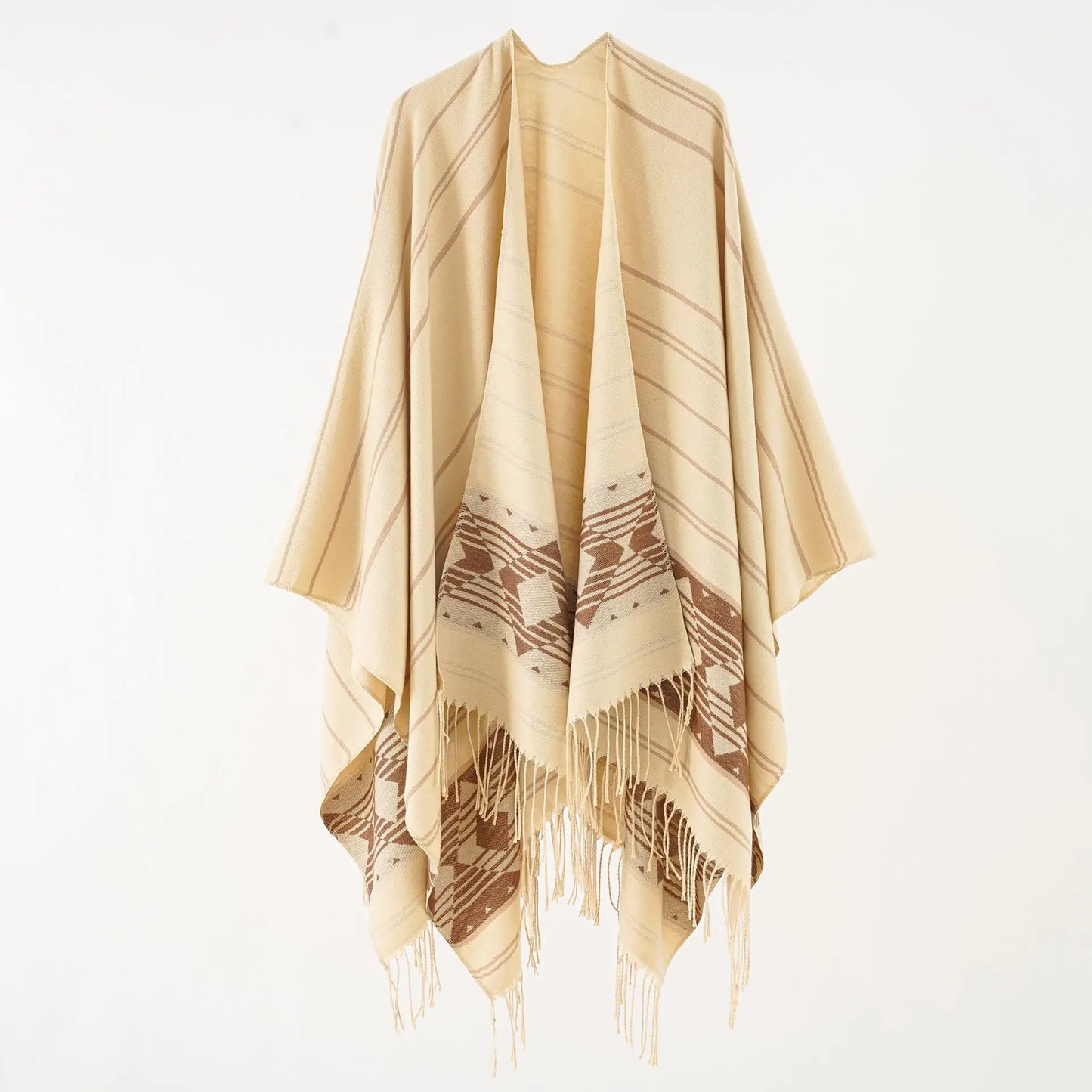 Poncho Éthnique à Franges avec Motifs Géométriques